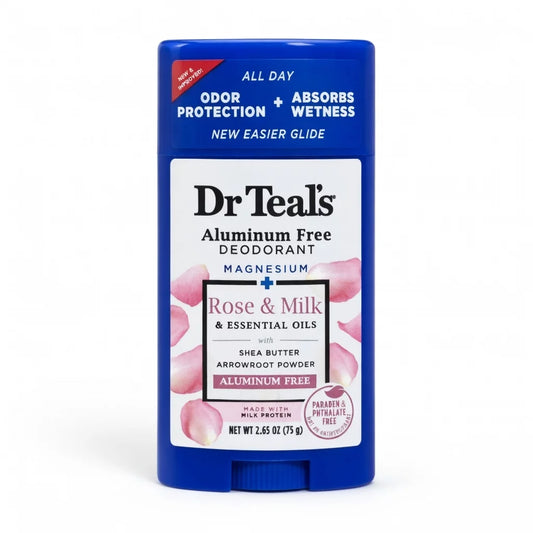 Dr Teal's Aluminum Free Deodorant Rose & Milk with Magnesium 75g stick — clean natural deodorant with Magnesium, Shea Butter, Arrowroot Powder and Essential Oils for all-day odour protection