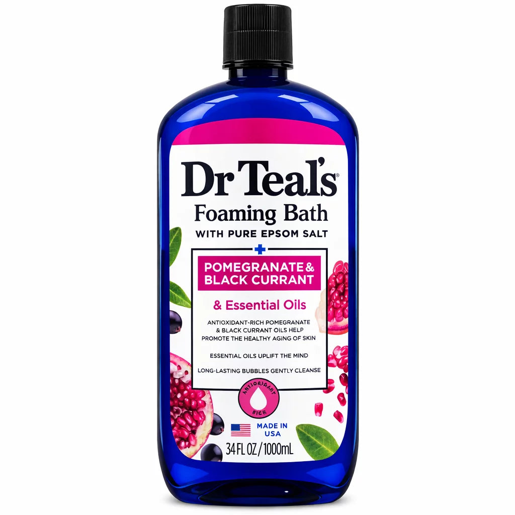Dr Teal's Foaming Bath Pomegranate & Black Currant 1000ml blue bottle — antioxidant-rich Epsom Salt foaming bath soak with Pomegranate Oil and Black Currant Oil for healthy skin ageing
