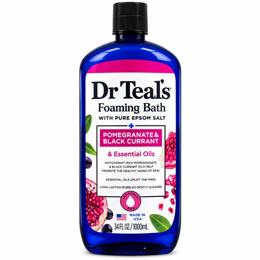 Dr Teal's Foaming Bath Pomegranate & Black Currant 1000ml blue bottle — antioxidant-rich Epsom Salt foaming bath soak with Pomegranate Oil and Black Currant Oil for healthy skin ageing
