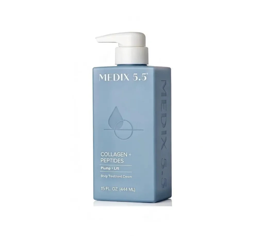 Medix 5.5 Collagen + Peptides Body Treatment Cream 444ml blue pump bottle — pH-balanced anti-ageing body cream with Collagen and Peptides that plumps, lifts and firms body skin