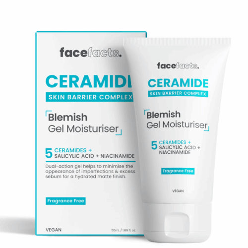 Face Facts Ceramide Blemish Gel Moisturiser 50ml — fragrance-free vegan gel with 5 Ceramides, Salicylic Acid, and Niacinamide for oily and blemish-prone skin