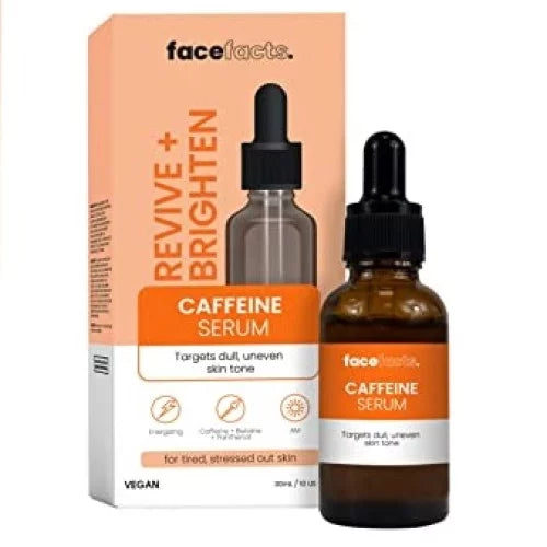 Face Facts Revive + Brighten Caffeine Serum 30ml dropper bottle and box — vegan brightening serum with Caffeine, Betaine, and Panthenol for dull, tired, and stressed skin
