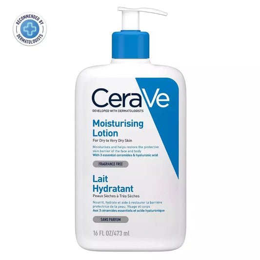 CeraVe Moisturising Lotion 473ml pump bottle — fragrance-free dermatologist-recommended lotion with 3 Essential Ceramides and Hyaluronic Acid for dry to very dry face and body skin
