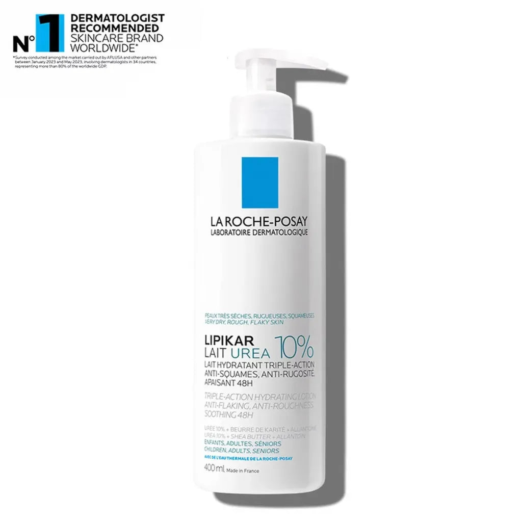 La Roche-Posay Lipikar Lait Urea 10% Triple-Action Hydrating Body Lotion 400ml pump bottle — anti-flaking, anti-roughness, 48H soothing lotion for very dry skin, safe for children, adults and seniors