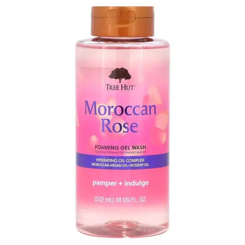 Tree Hut Moroccan Rose Foaming Gel Wash 532ml bottle — pamper + indulge body wash with Moroccan Argan Oil, Rosehip Oil and Hydrating Oil Complex for deeply nourished, silky-soft skin

