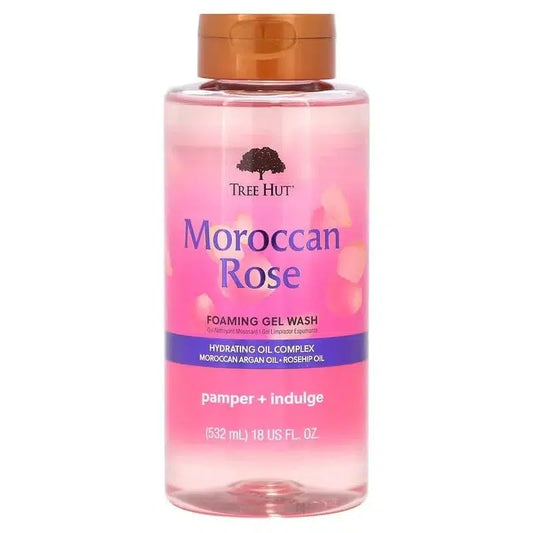 Tree Hut Moroccan Rose Foaming Gel Wash 532ml bottle — pamper + indulge body wash with Moroccan Argan Oil, Rosehip Oil and Hydrating Oil Complex for deeply nourished, silky-soft skin
