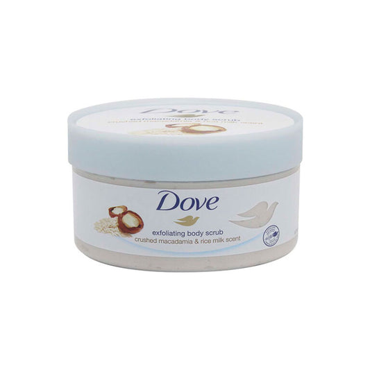 Dove Exfoliating Body Scrub Crushed Macadamia & Rice Milk jar — nourishing body scrub that gently exfoliates and conditions for smoother, softer and more radiant skin
