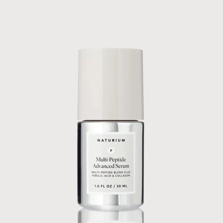 Naturium Multi-Peptide Advanced Serum 30ml silver glass pump bottle — premium firming anti-ageing serum with Multi-Peptide Blend, Ferulic Acid and Collagen for visibly firmer and smoother skin
