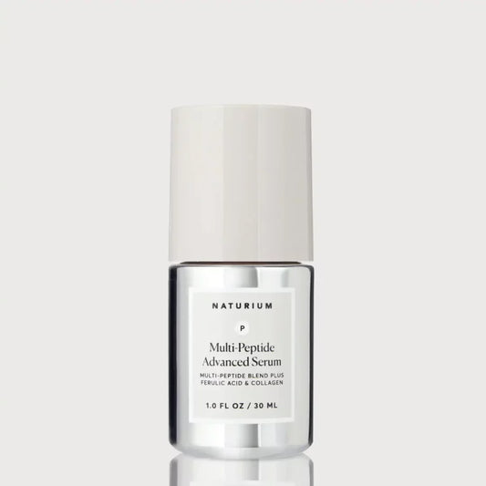 Naturium Multi-Peptide Advanced Serum 30ml silver glass pump bottle — premium firming anti-ageing serum with Multi-Peptide Blend, Ferulic Acid and Collagen for visibly firmer and smoother skin
