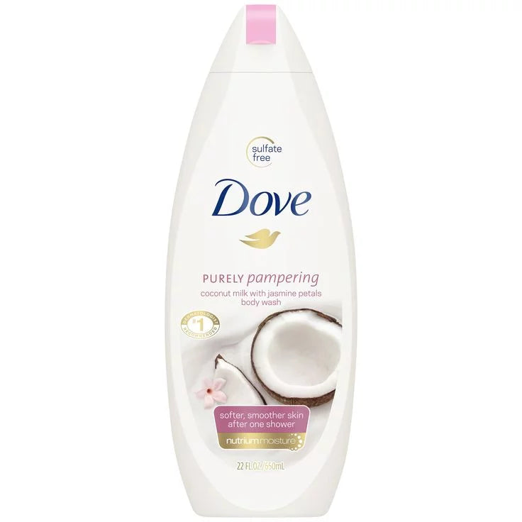 Dove Purely Pampering Body Wash Coconut Milk & Jasmine Petals 650ml — sulfate-free nourishing body wash with NutriiumMoisture for softer smoother skin after one shower
