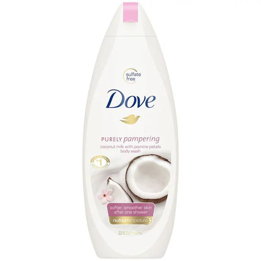 Dove Purely Pampering Body Wash Coconut Milk & Jasmine Petals 650ml — sulfate-free nourishing body wash with NutriiumMoisture for softer smoother skin after one shower
